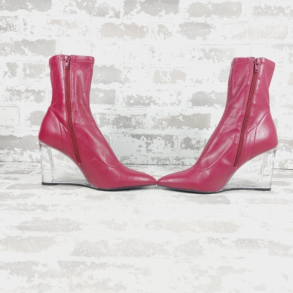 NEW Open Edit Burgundy Leather Ederika Clear Wedge Pointy Toe Ankle Boots i131 - Picture 7 of 14